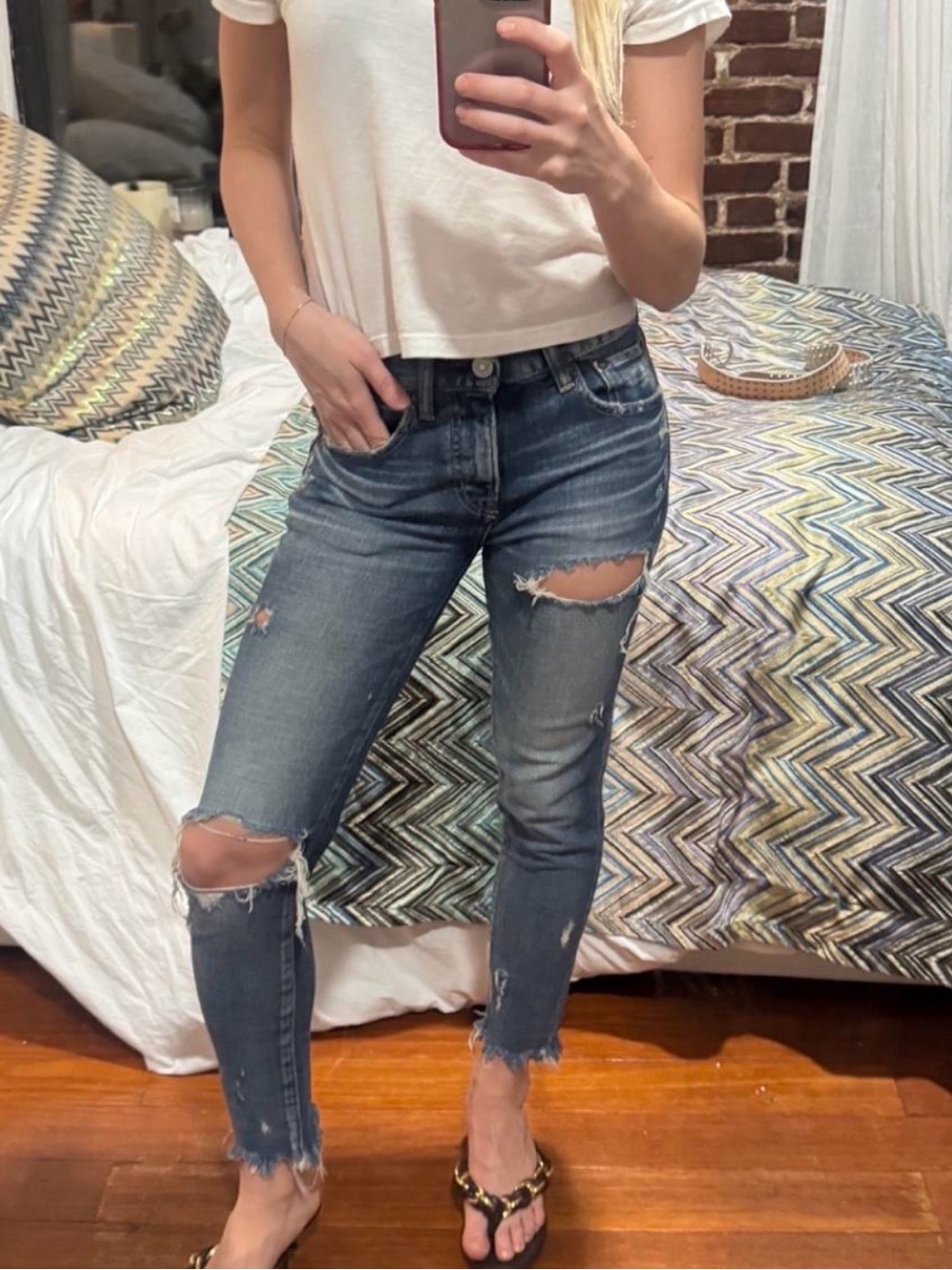 Moussy Distressed Straight Leg Jeans — Dark Blue